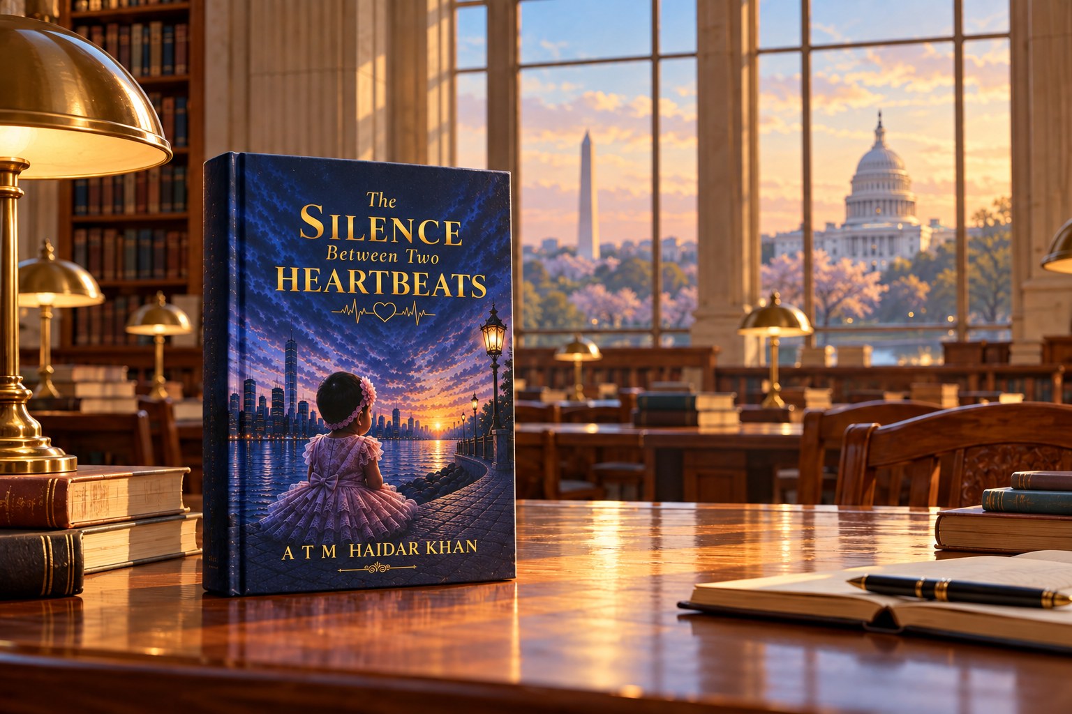 Conceptual AI-generated illustration of The Silence Between Two Heartbeats displayed in a Washington, D.C. reading room; not a photograph of an institutional placement.
